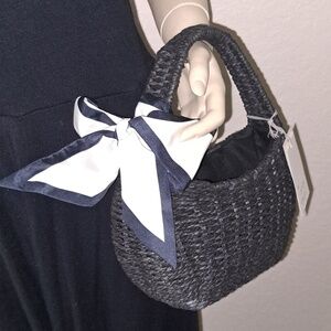 Straw Mini Bag With Bow-A New Day Black: Woven Paper Straw, Structured Shoulder